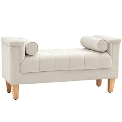 Upholstered Chenille Bench With Armrests, Composed Of Two Cylindrical Cushions, Wooden Frame, Suitable As A Shoe Bench For The Bedroom, Living Room Or Entryway. Dimensions: 115 X 44 X 58 Cm. Color: Beige.