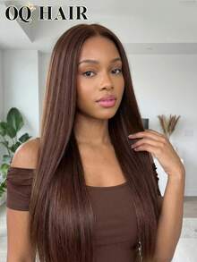 OQ 200% Dichte 16-28 Zoll gerade braune klebefreie Perücke 7x5 vorgefertigter Haaransatz Lace Frontal 100% natürliches Echthaar klebefreie glänzende Perücke - S4 - Übersicht 2