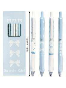 4pcs Cute Retractable Bowknot Neutral Pens, 0.5mm Fine Tip, Smooth Black Ink, Office & Study Supplies, Cartoon Style Blue Cute La, First Day Of School - Multicolor - View 8