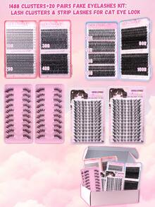 Kit de 640+624+112+112 grupos + 20 pares de pestañas: grupos de pestañas y pestañas postizas para look de ojos de gato, pestañas postizas de marta falsa, juego completo de extensión DIY con grupos de rizos en D (10-16mm), de estilo natural a dramático - Negro - Ver 2