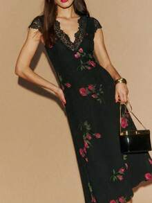 Women Elegant Floral Print Long Dress - Black - View 2