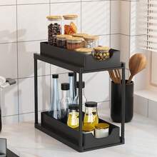 Organizador de fregadero de doble capa, estantería de almacenamiento de gabinete de cocina, canasta de gabinete con puerta corrediza doble, cesta de almacenamiento multifuncional para baño, estantería organizadora, estantería de almacenamiento debajo del fregadero de la cocina, decoración de cocina, regalo navideño, suministros de cocina, estantería de almacenamiento de cocina, unidad de almacenamiento de gabinete de baño y cocina - Multicolor - Ver 2