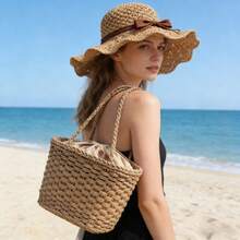 新款草编包帽两件套，女士波西米亚风手工编织水桶包，沙滩帽，旅游度假单肩包 - 彩色 - 查看 14