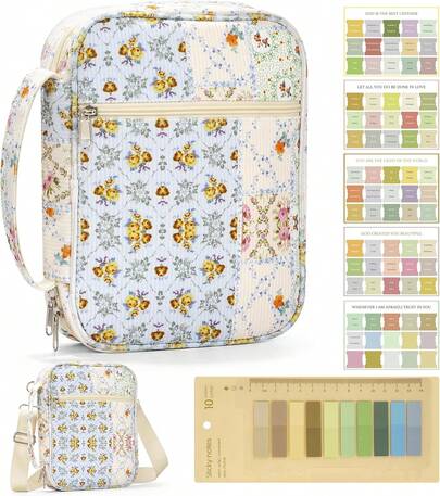 Corduroy Bible Cover With Handle Strap Floral Spliced Design