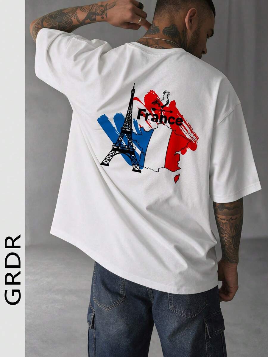 GRDR 男士夏季法式元素印花圆领短袖T恤，休闲款 - 白色 - 查看 1