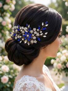 1pc Blue Crystal Flower Hair Comb, Handmade Elegant Hair Accessory, Versatile For Wedding & Daily Wear - Blue - View 2
