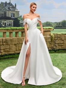 Lace Long Sleeve Satin Wedding Dress With Large Train, White Bridal Gown For Church Wedding, Intimate Wedding - White - View 1