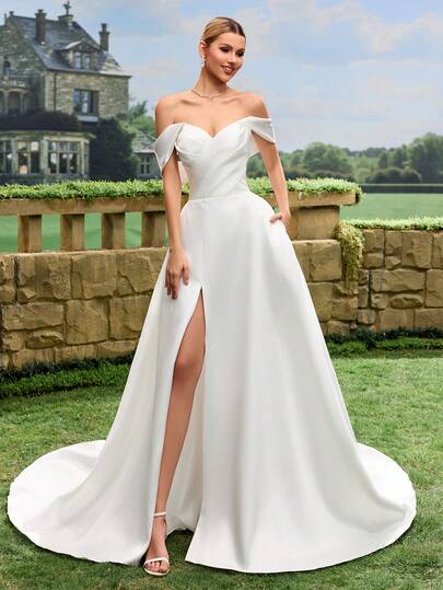 Lace Long Sleeve Satin Wedding Dress With Large Train, White Bridal Gown For Church Wedding, Intimate Wedding