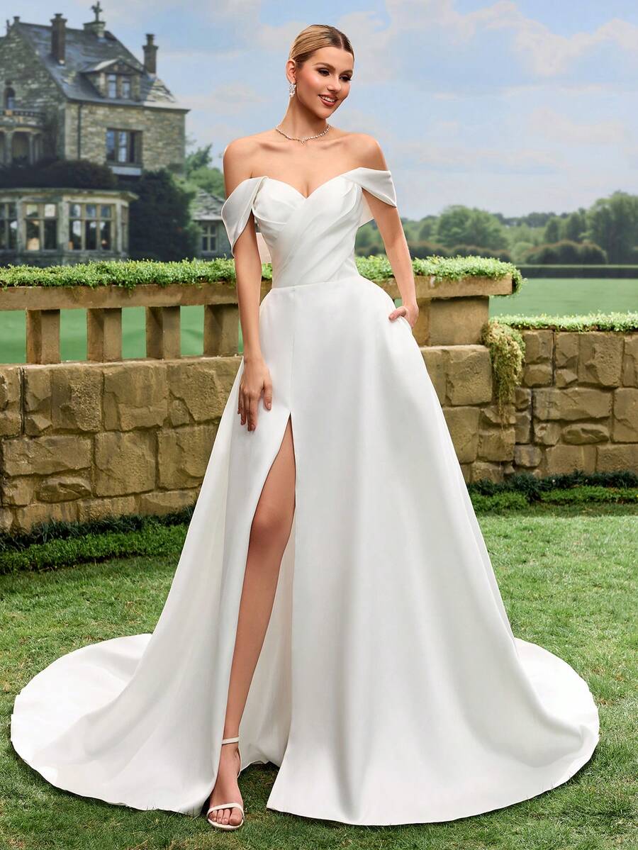 Lace Long Sleeve Satin Wedding Dress With Large Train, White Bridal Gown For Church Wedding, Intimate Wedding - White - View 1