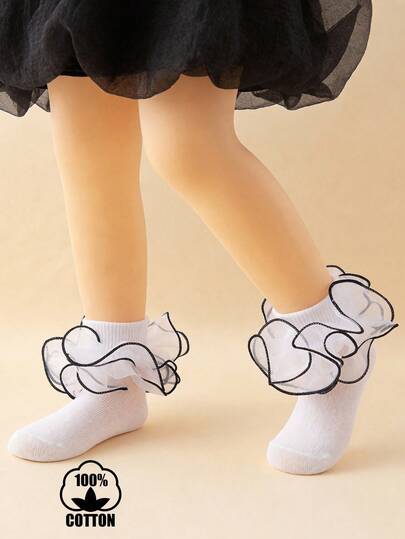 1 Pair Cotton Girls' Large Lace Trim Dance Socks, Elegant Princess Style Short Socks For Party Outfit