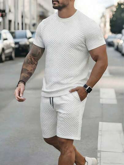 2 Pieces Casual Outfit For Men, Diamond Jacquard Design, Suitable For Daily Wear And Home, Couple Set