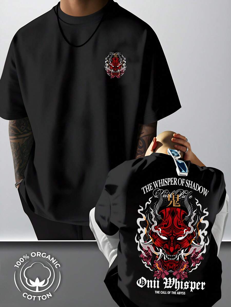 Men's T-Shirt With Horror Mask Print, Comfortable Short-Sleeved Shirt Made Of Pure Cotton, Suitable For Everyday Wear, Summer Clothing, Dark Style, Streetwear T-Shirt, Perfect For Leisure Activities And Outdoor Activities. - 黑色 - 查看 1