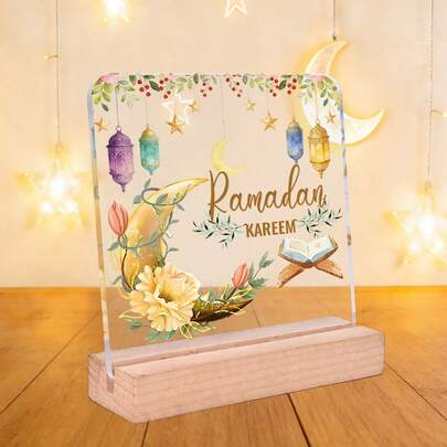 节日卡里姆亚克力桌面摆件，月亮星星彩色灯笼图案设计，节日礼物，送给家人朋友和同事的最佳礼物，适合家居桌面、办公室房间装饰，斋月家居装饰，斋月装饰品，家居微缩摆件，办公室装饰