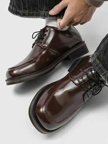 男士方头婚礼新郎休闲通勤商务正式德比系带皮鞋 - 棕色 - 查看 1
