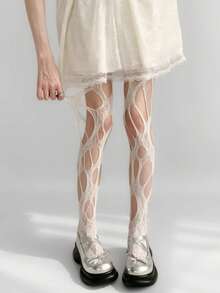 1 Pair Distressed Fishnet Stockings, Personalized Spring/Summer New Arrival, Retro Floral Pattern, Punk Style, Suitable For Festivals And Parties, Plus Size, High Elasticity - White - View 5