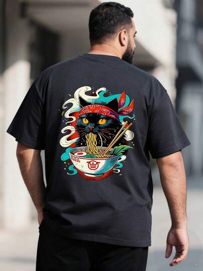 AnChiStreetwear - Modna męska koszulka w dużym rozmiarze z krótkim rękawem i kreatywnym nadrukiem przedstawiającym kota jedzącego ramen, odpowiednia do noszenia na mieście, na świeżym powietrzu i do codziennych dojazdów
