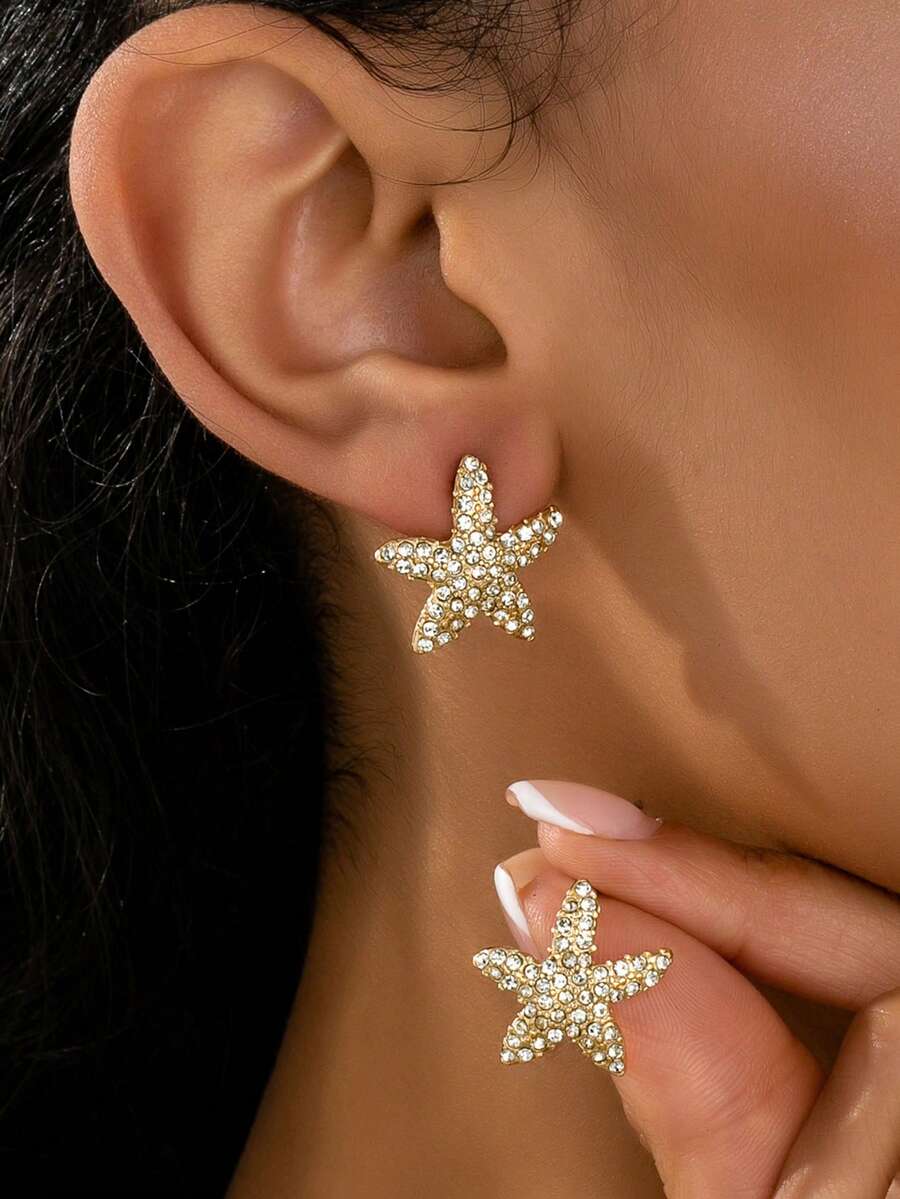 1 Pair Luxury Rhinestone Starfish Stud Earrings, Delicate Elegant Mini Jewelry For Women, Ocean/Beach Style Accessory Suitable For Daily Wear, Vacation, Date, Holiday, Party - Gold+White - View 1