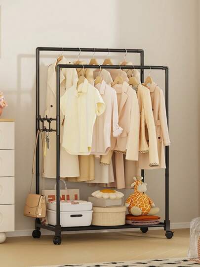 1 pieza Perchero de metal negro de doble barra con base, adecuado para dormitorio, sala de estar, almacenamiento