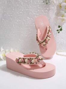 2026新款粉色花朵厚底人字拖，青少年夏季度假风，增高防滑拖鞋 - 粉色 - 查看 2