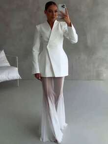 French Celebrity Style Solid Color Long-Sleeved Suit Micro-Transparent Mesh Skirt Suit - 白色 - 查看 1