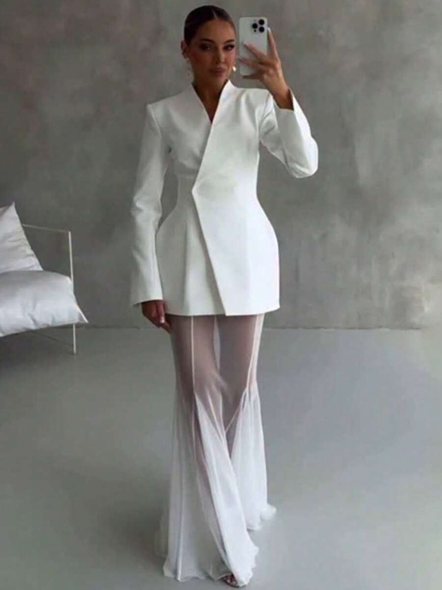 French Celebrity Style Solid Color Long-Sleeved Suit Micro-Transparent Mesh Skirt Suit - 白色 - 查看 1