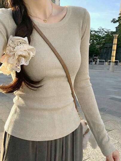 Áo thun dài tay cổ tròn ôm sát, màu trà sữa, phong cách ngọt ngào và dễ thương mùa thu/xuân, thời trang, đa năng dành cho nữ.