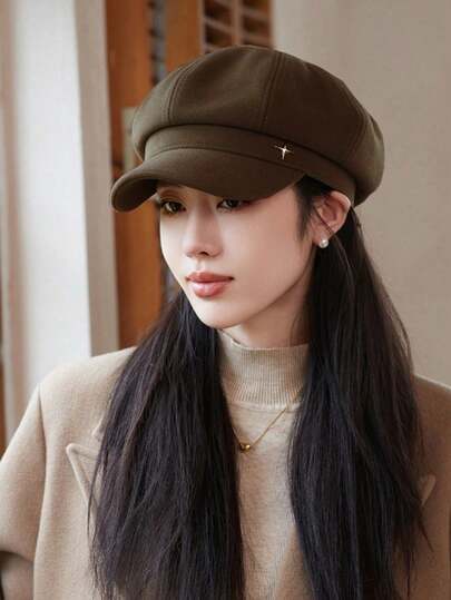 1pc Solid Color Hat, Autumn/Winter, Women, Japanese Style Minimalist High-End Four-Pointed Star Octagonal Cap, Retro Elegant Beret, Christmas, New Year, Valentine's Day Gift