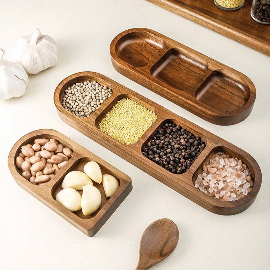 1pc Rosewood 3-Compartment Small Dish, Wooden Dipping Sauce Plate, High-End Breakfast, BBQ, Hot Pot, Kimchi, Condiment Dish - Brown - View 1