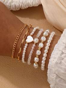 6件套女孩心形珍珠串珠手链套装，适合日常搭配 - 彩色 - 查看 2