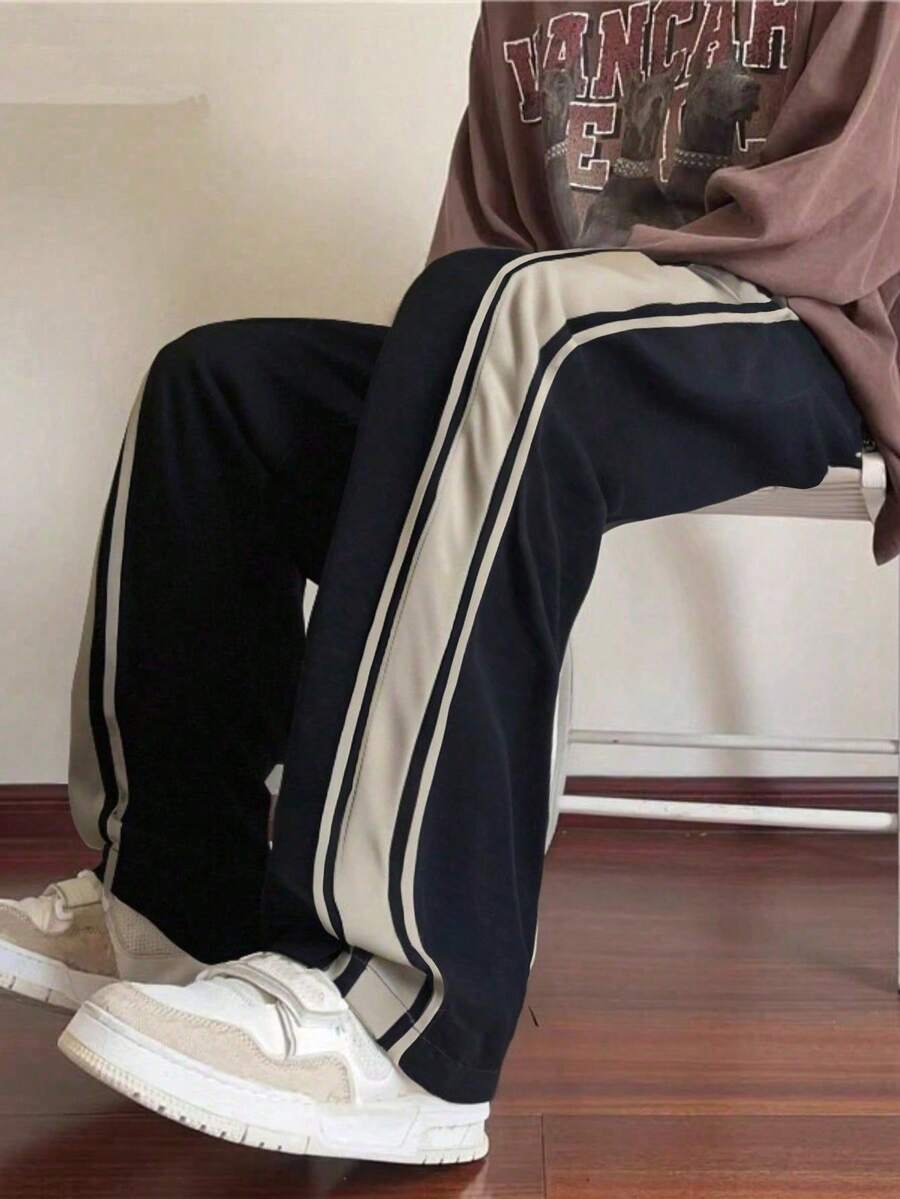 1 件男士宽松夏季透气休闲裤，适合海滩、度假、通勤、锻炼、户外、健身、慢跑、运动、宽松直筒条纹长裤，时尚街头风格，秋季