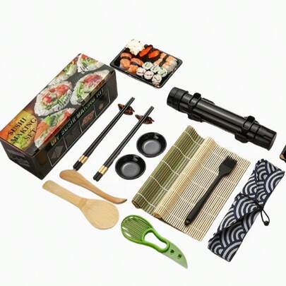 15-Piece Sushi Making Tool Set | Bamboo Sushi Tools, Ceramic Plates, Japanese Rice Spoon, Sushi Mold Set