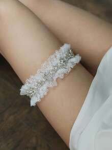 1pc Rhinestone Lace Trim Bridal Thigh High Stockings With Garter (Fits Thigh Circumference: 34-52cm)