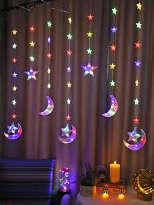 1 st 2 m/2,56 fot 69 LED dekorativ stjärn- och månegardinlampa för inomhusbruk, batteridriven, blinkande ljus, väggdekoration för sovrum, ljusslinga med älva och mån, stjärnljusslinga för bröllopsfest, stjärnljusslinga för utomhusbruk, alla hjärtans dag-dekoration