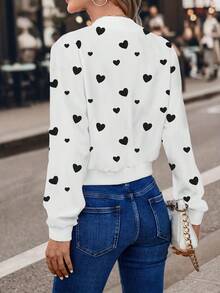 女士热门爱心印花轻薄飞行员夹克，情人节爱心罗纹领夹克，春季轻薄飞行员夹克 - 白色和黑色 - 查看 2