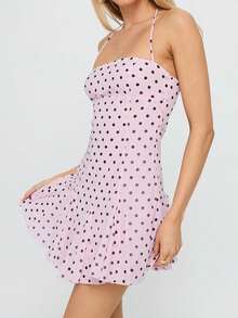 Women Summer Halter Neck Ruffle Mini Dress Dot Print Sleeveless Backless Bodycon Party Cocktail Short Dresses - Purple - View 2