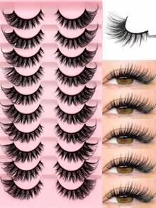 10 Pairs Natural Faux Mink Eyelashes, D Curl 3D Thick & Long Synthetic False Eyelash Strips, Cat Eye Style Fake Lashes, Realistic Eyelashes - fox eye lashes - View 1