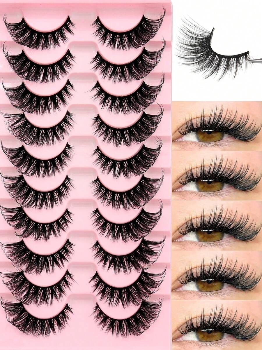 10 Pairs Natural Faux Mink Eyelashes, D Curl 3D Thick & Long Synthetic False Eyelash Strips, Cat Eye Style Fake Lashes, Realistic Eyelashes - fox eye lashes - View 1