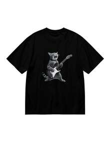 Women's Casual Short-Sleeve T-Shirt, Funny Cat Playing Guitar Pattern T-Shirt, Funny Style, Fashion Summer Short-Sleeve T-Shirt, Heat Transfer Print Design, 100% Cotton, Ideal For Holidays Or Daily Wear. This Round Neck Printed Short-Sleeve Casual Everyday T-Shirt Is An Excellent Gift For Family And Friends. Printed T-Shirt, Easter Printed Shirt, St. Patrick's Day Printed T-Shirt. - 黑色 - 查看 2