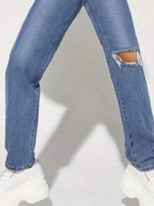 Jeans de Cintura Alta con Rasgaduras - Azul Clásico, Denim Elástico, Perfectos para Uso Diario, Salidas Casuales, Reuniones con Amigos, Estaciones de Primavera, Verano y Otoño - Azul - Ver 5