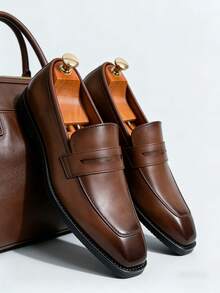 Fashionable Slip-On Penny Dress Loafers - Gentleman's Solid Color Formal Dress Shoes, Retro Square Toe, Soft Comfortable, Non-Slip, For Office, Wedding, Party, Graduation, All Seasons, Big Size - Brown - View 10