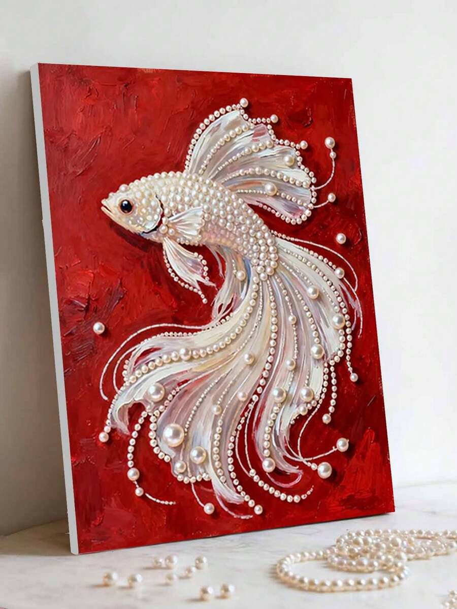 2D平面印刷DIY手工珍珠画套装，尺寸40x50厘米/15.75x19.7英寸，精美珍珠鱼图案，艺术图案，创意装饰画，DIY手工镶嵌珍珠画，含自粘珍珠和钻石，适合家居装饰、新房装饰、DIY手工爱好者、闺蜜礼物，钻石画套装，无框 - 彩色 - 查看 1