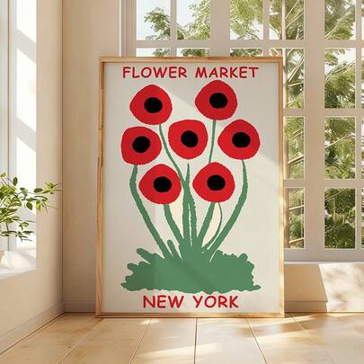 Flower Market New York Red Poppies Canvas Wall Art - Minimalist Floral Print Poster For Living Room Bedroom Aesthetic Decor, No Frame