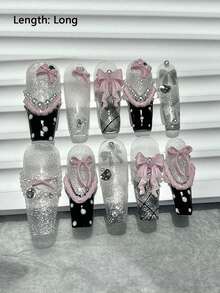 10片甜美酷炫Y2K手工按压式美甲蕾丝缎带波点蝴蝶结法式美甲黑色粉色闪粉可爱长款假指甲美甲用品（1张果冻贴纸+1个指甲锉） - 無色 - 查看 1