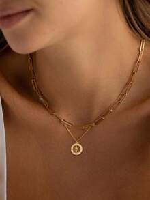 2pcs/Set Women Simple Copper Square Paperclip Clavicle Chain With Sparkling Cubic Zirconia Star & Sun Pendant (Random Quantity Of Chain Rings) - Yellow Gold - View 1