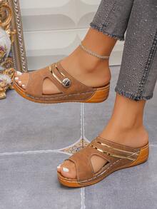 Giày sandal đế xuồng dày dặn, kiểu dáng thời trang mùa hè mới, cỡ lớn 36-45, thích hợp mang hàng ngày, hở mũi, đi biển, dành cho nữ. - Nâu mờ - Xem 3