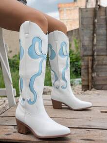 Women's Bowknot Western Style TPU Side Zipper Embroidered Fashion Boots, Pointed Toe Slim High Heel Sexy Over-The-Knee Boots, Suitable For Holidays And All Seasons - Baby Blue - View 9