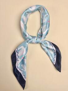 1pc Women's Elegant Heart Swan Print Scarf, Satin Neckerchief Headscarf Hair Accessory - Baby Blue - View 3