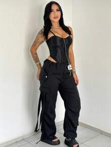 Women's Cargo Pants, Parachute Style, Foreign Fashion, Simple Fabric, Pocket, Knot, Drawstring, Daily, Night, Holiday, Birthday Party, Airport Wear - 黑色 - 查看 4