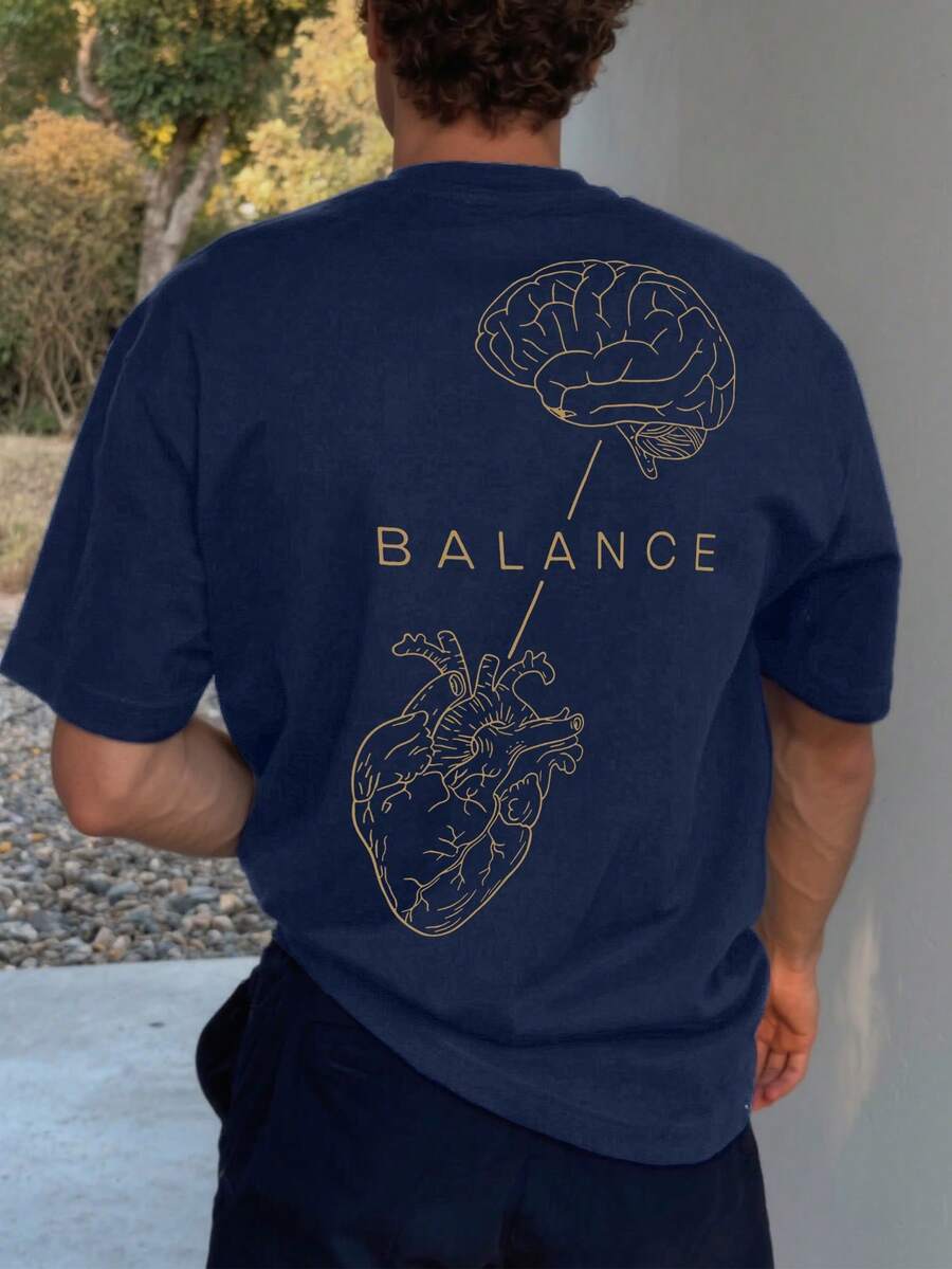 Balanced Creative Print Men's Fashion Printed Streetwear Casual Short Sleeve T-Shirt, Comfortable Icy Feel Short Sleeve Tee, Spring/Summer - Navy Blue - View 1