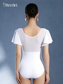 DonsGirl 一件装女士芭蕾舞紧身衣 - 浪漫仙女荷叶边袖子和网纱拼接连体衣，适合空中瑜伽、花样滑冰和表演服